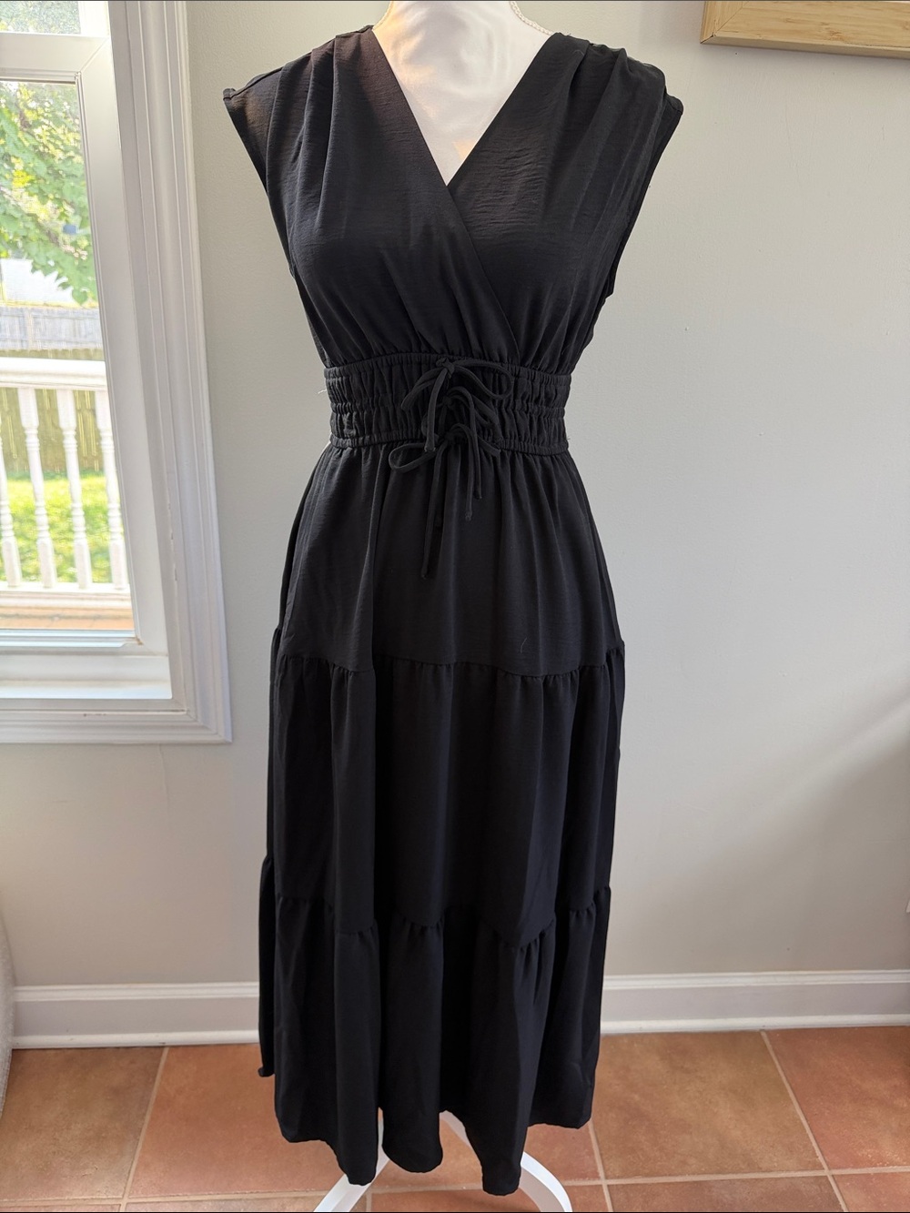 Rachel Zoe Black V-Neck Maxi Dress with Smocked Waist